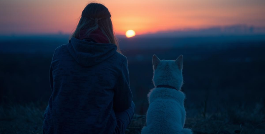 A person and their dog sitting quietly together, watching a sunrise, conveying a sense of peace