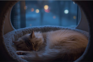 A fluffy cat curled up in a soft, enclosed pet bed, looking serene as muted lights sparkle outside a window with shades of blue