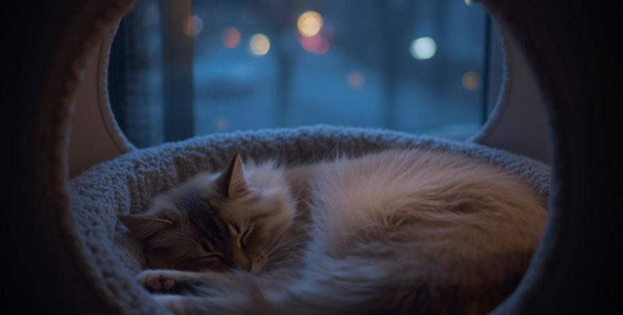 A fluffy cat curled up in a soft, enclosed pet bed, looking serene as muted lights sparkle outside a window with shades of blue