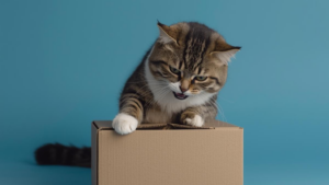 A cat playing with a cardboard box DIY toy