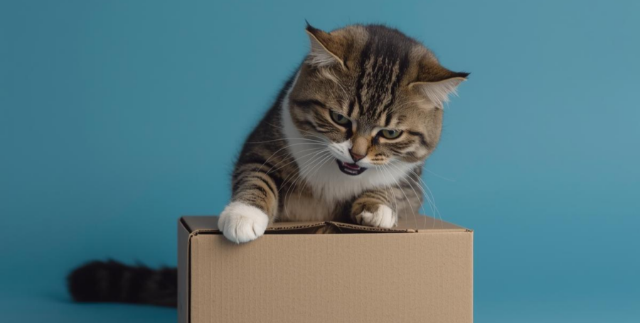 A cat playing with a cardboard box DIY toy
