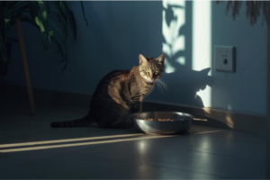 Morning sunlight hitting a cat's feeding station in a tidy home
