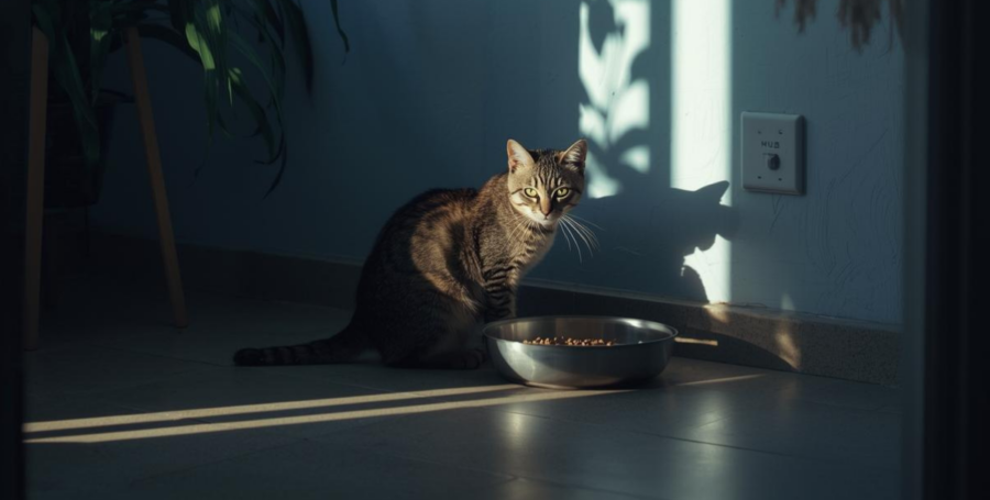 Morning sunlight hitting a cat's feeding station in a tidy home