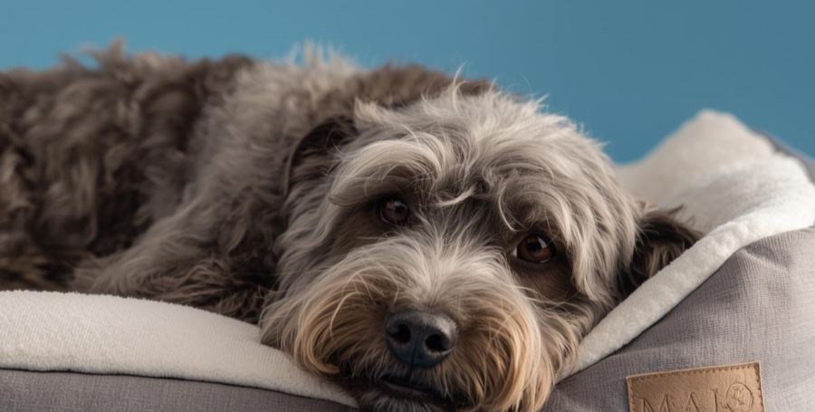 A grey-muzzled dog resting on a soft orthopedic bed