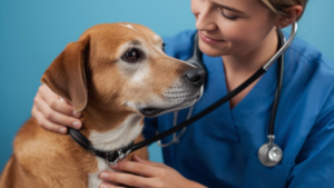 A veterinarian listening to a dog's heart