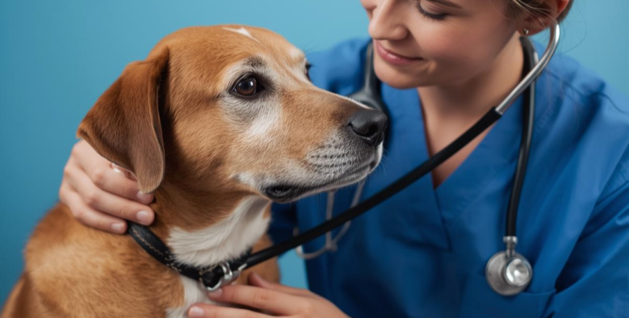 A veterinarian listening to a dog's heart