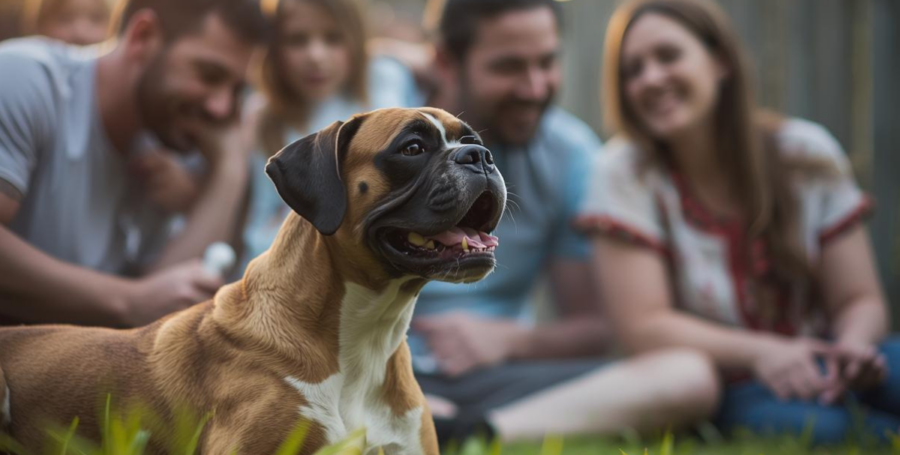 A Boxer dog interacting calmly with a family or child in a backyard or park