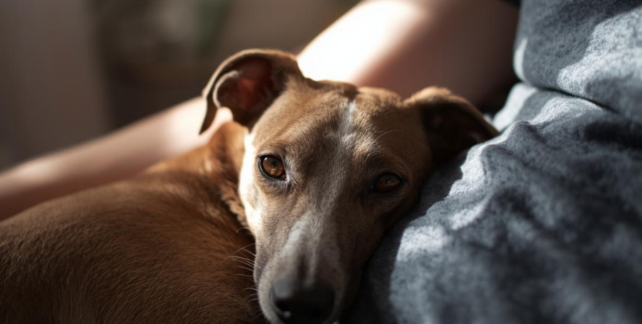 An Italian Greyhound resting quietly beside their person in a sunlit home.