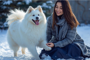 Samoyed standing outdoors in a snowy or cool landscape, looking directly at the camera