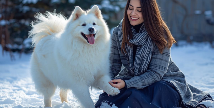 Samoyed standing outdoors in a snowy or cool landscape, looking directly at the camera
