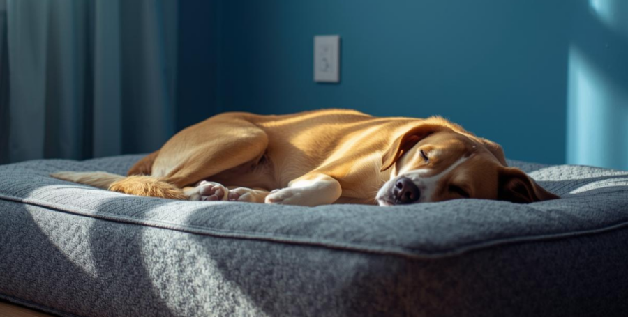 Senior dog resting comfortably on a thick orthopedic bed in a warm room