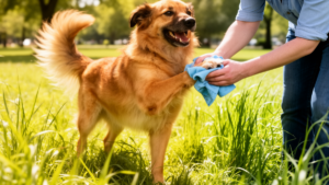 Person gently wiping a dog’s paws with a damp cloth