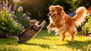 A cat and dog playing in a pet-safe herb garden