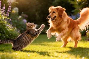 A cat and dog playing in a pet-safe herb garden