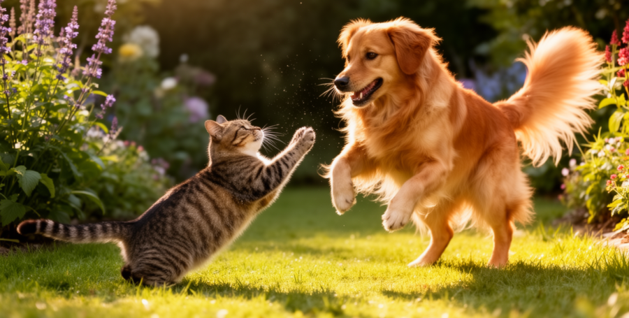 A cat and dog playing in a pet-safe herb garden
