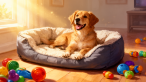 Dog sitting near freshly cleaned pet bed in sunlit room