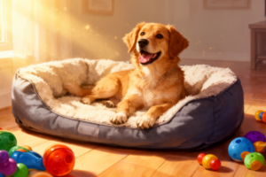 Dog sitting near freshly cleaned pet bed in sunlit room