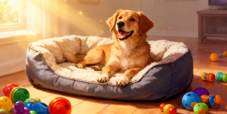 Dog sitting near freshly cleaned pet bed in sunlit room