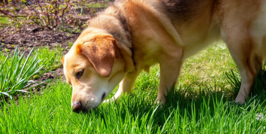 A dog sniffing fresh spring grass in a sunny garden