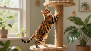 Bengal cat climbing tall cat tree