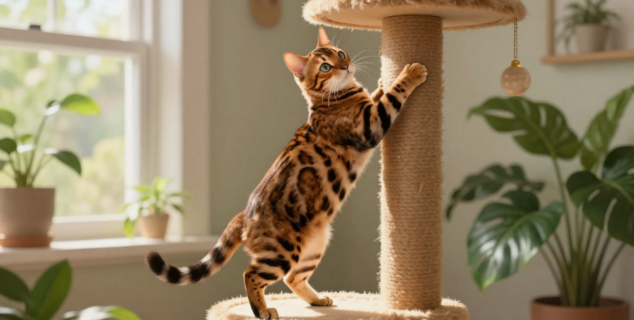 Bengal cat climbing tall cat tree