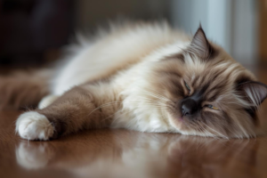 A Ragdoll cat resting peacefully indoors, reflecting calm companionship and trust.