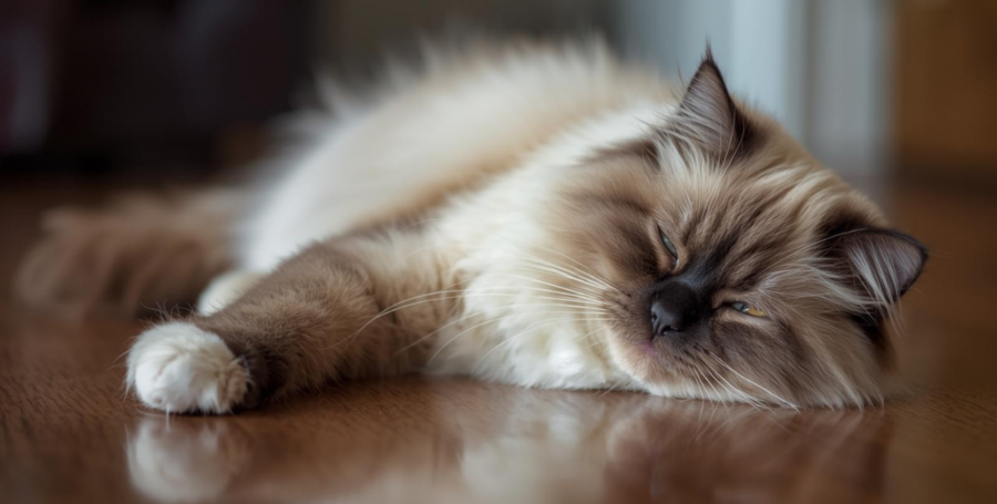 A Ragdoll cat resting peacefully indoors, reflecting calm companionship and trust.