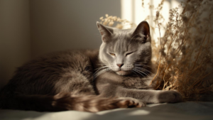 A Russian Blue cat resting quietly in soft light, reflecting elegance and gentle devotion.