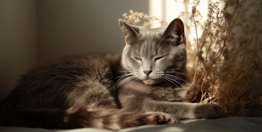 A Russian Blue cat resting quietly in soft light, reflecting elegance and gentle devotion.