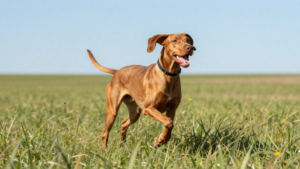 Vizsla running in open field