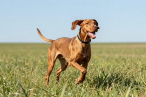 Vizsla running in open field