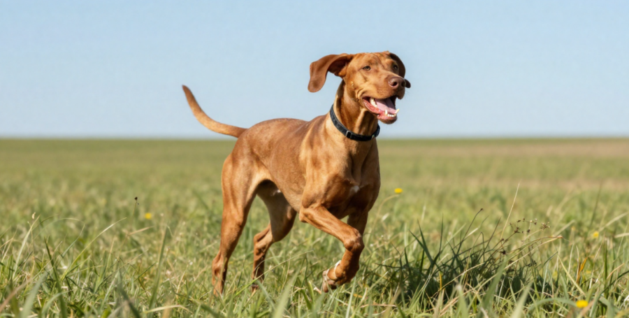 Vizsla running in open field