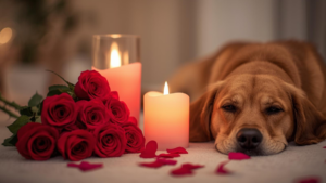 Pet-safe Valentine’s Day setup with roses, flameless candles, and calm dog resting comfortably