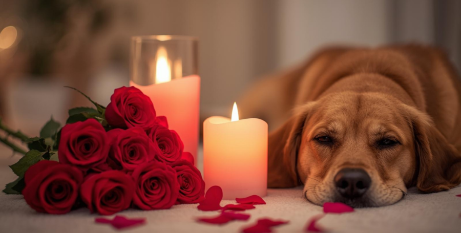 Pet-safe Valentine’s Day setup with roses, flameless candles, and calm dog resting comfortably