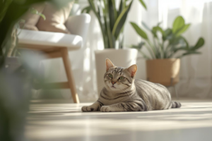 Cat resting in a clean low allergen space to support pet seasonal allergies relief