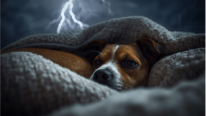 Dog curled up in blanket showing pet thunderstorm anxiety during a storm