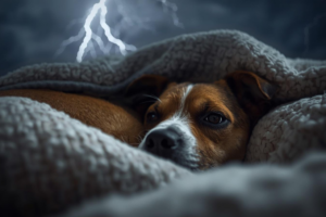 Dog curled up in blanket showing pet thunderstorm anxiety during a storm
