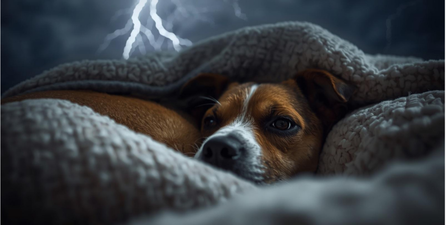 Dog curled up in blanket showing pet thunderstorm anxiety during a storm