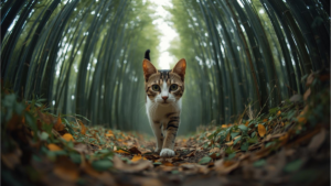 Cat walking in nature representing sustainable pet care and eco friendly habits