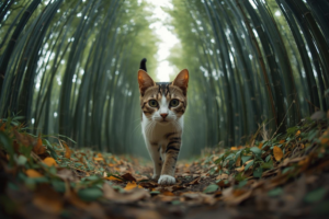 Cat walking in nature representing sustainable pet care and eco friendly habits