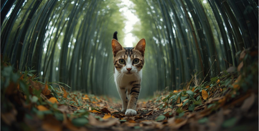 Cat walking in nature representing sustainable pet care and eco friendly habits