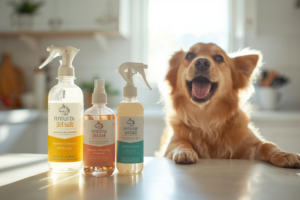 Natural pet-safe cleaning products on kitchen counter